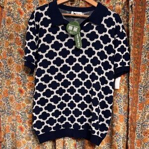 Retro, knit, Navy and White Patterned Polo Top